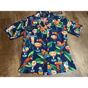 Benny’s Hawaiian Button Up Shirt Adult XS Blue Parrot Drinks